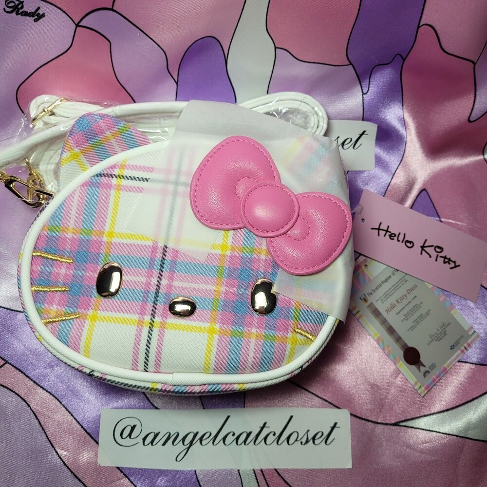 New Hello Kitty Purse Sanrio Japan Crossbody Locharron Tartan Plaid Pink Purple